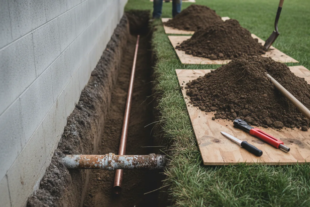 Excavated water line trench during Sewer Line Repair in Wolcott